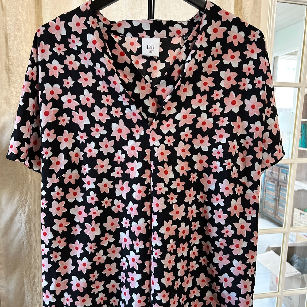 CAbi Black Top with Pink and Red Floral Design
